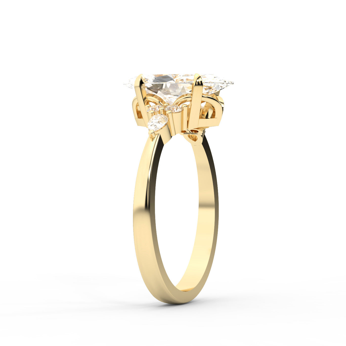 Marquise Cut Lab Grown Diamond Engagement Ring with side stone clusters set in Yellow Gold