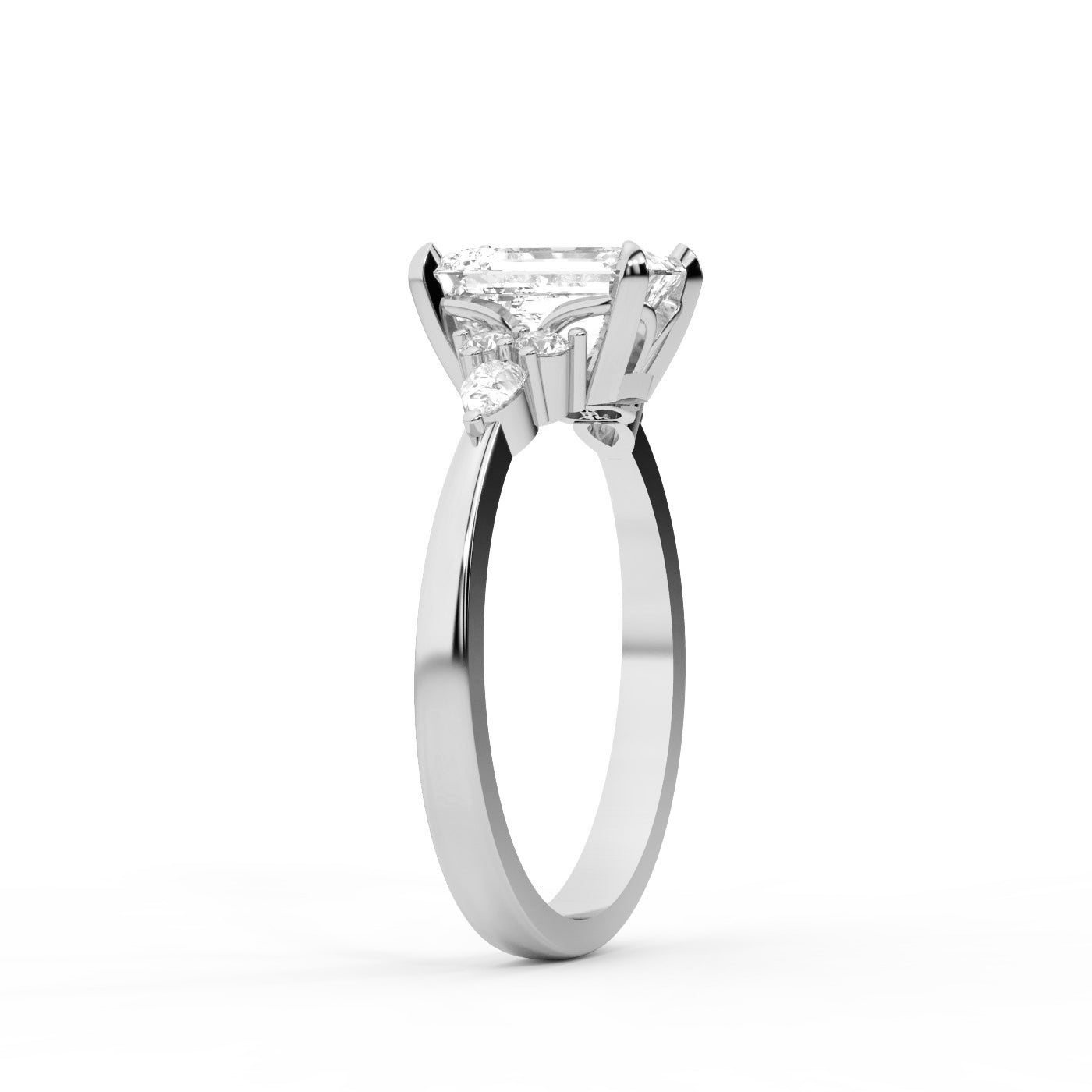 Emerald Cut Lab Grown Diamond Engagement Ring with side stone clusters set in White Gold