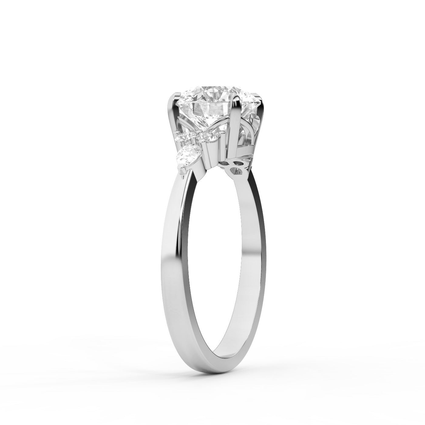 Round Cut Lab Grown Diamond Three Stone Engagement Ring in Platinum
