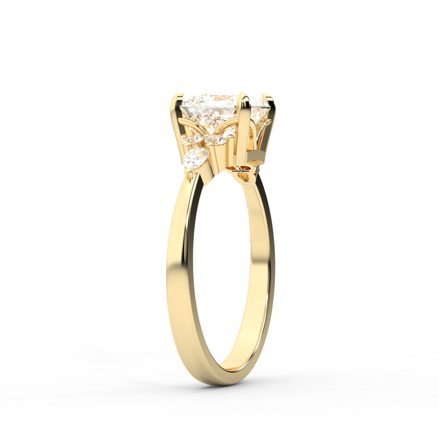 Asscher Cut Lab Grown Diamond Amelia Three Stone Engagement Ring in Yellow Gold