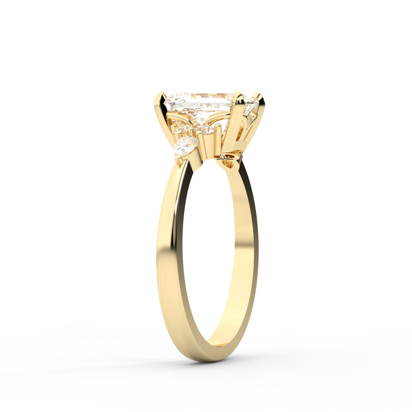 Emerald Cut Lab Grown Diamond Engagement Ring with side stone clusters set in Yellow Gold