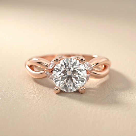 Round Cut Lab Grown Diamond Twisted Engagement Ring in Rose Gold