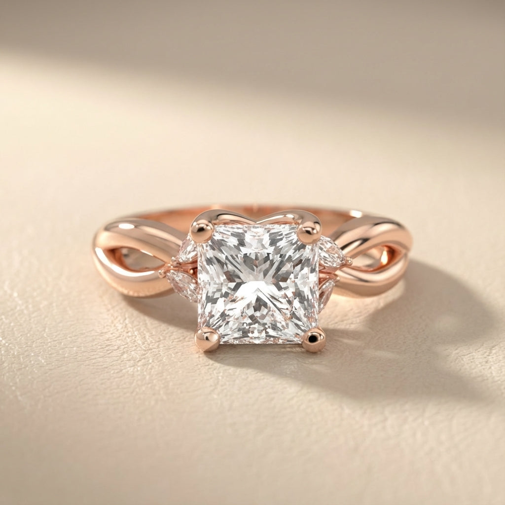 Princess Cut Lab Grown Diamond and Marquise Side Stone Engagement Ring in Rose Gold setting