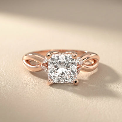 Princess Cut Lab Grown Diamond and Marquise Side Stone Engagement Ring in Rose Gold setting