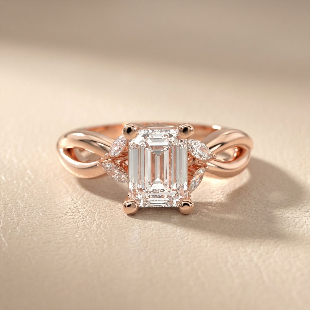 Emerald Cut Lab Grown Diamond Twisted Engagement Ring in Rose Gold with Marquise Side Stones