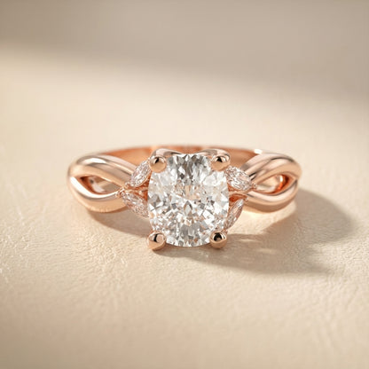Cushion Cut Lab Grown Diamond Engagement Ring with Marquise Side Stones in Rose Gold