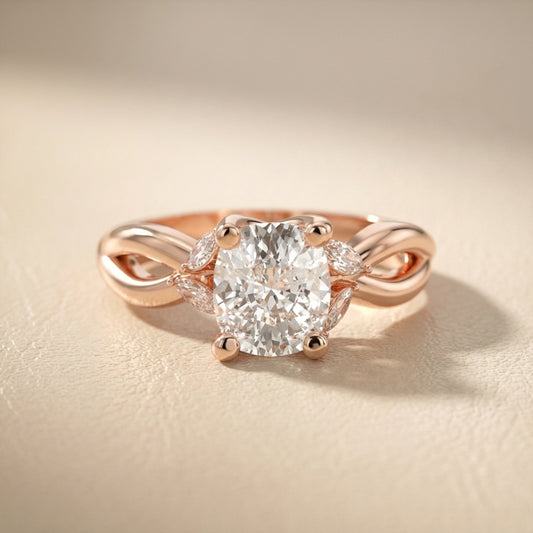 Cushion Cut Lab Grown Diamond Engagement Ring with Marquise Side Stones in Rose Gold