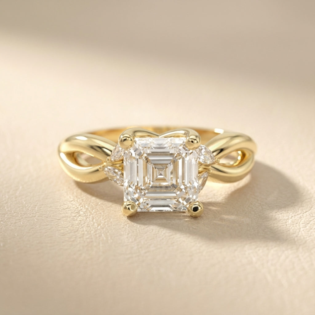 Asscher Cut Lab Grown Diamond Twisted Engagement Ring in Yellow Gold