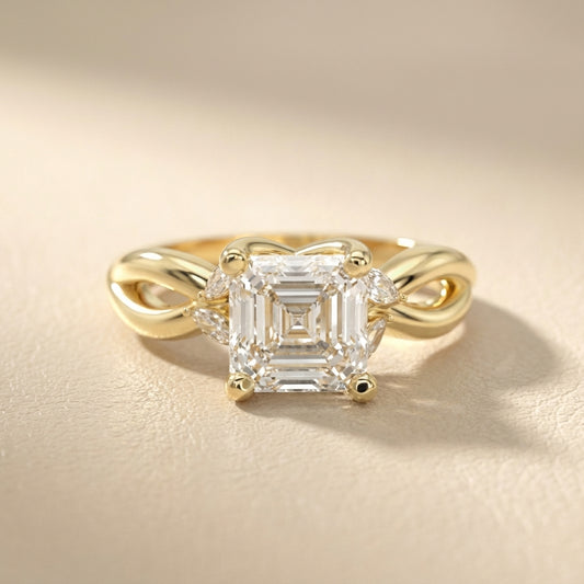 Asscher Cut Lab Grown Diamond Twisted Engagement Ring in Yellow Gold