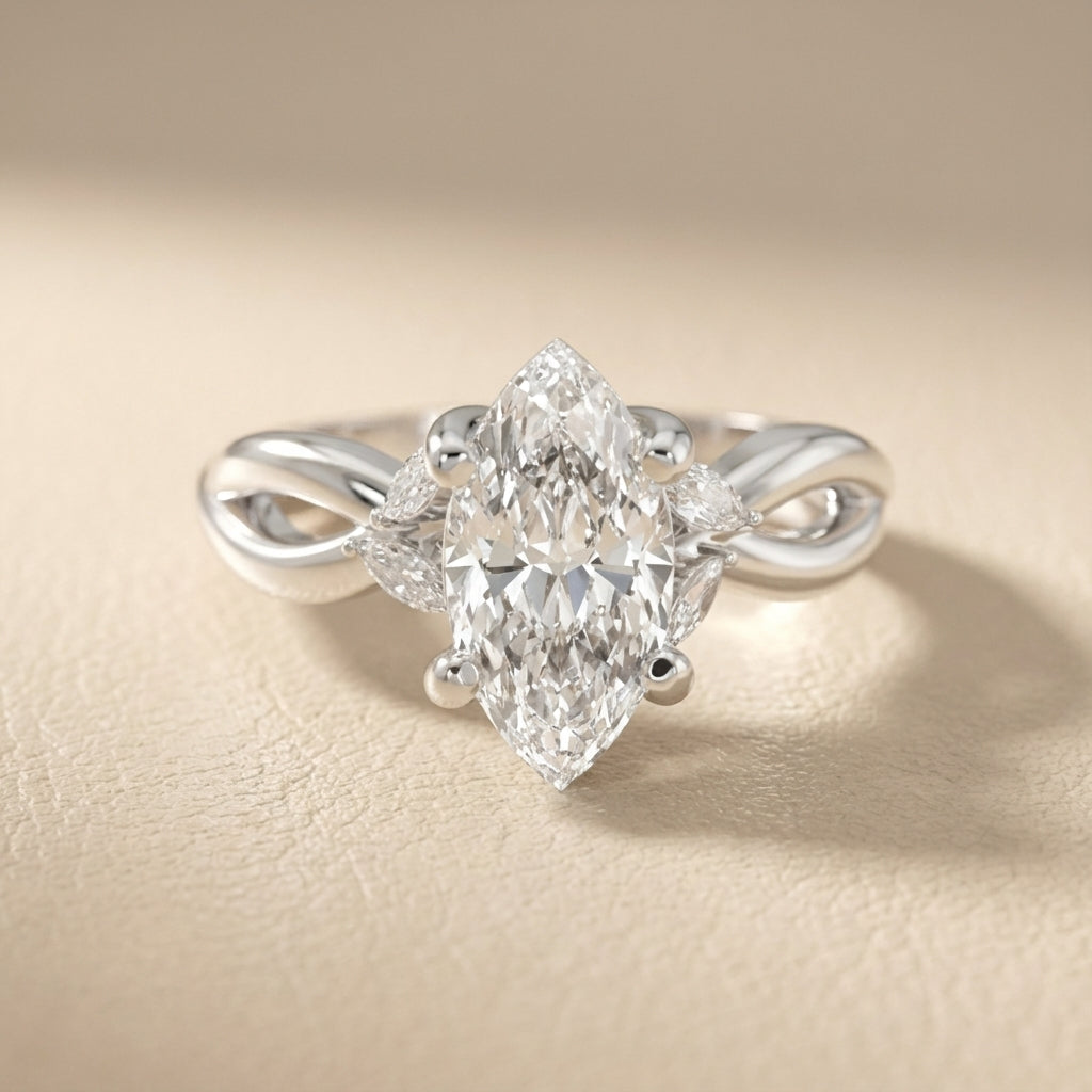 Marquise Cut Lab Grown Diamond Twisted Engagement Ring in Platinum showing side stones