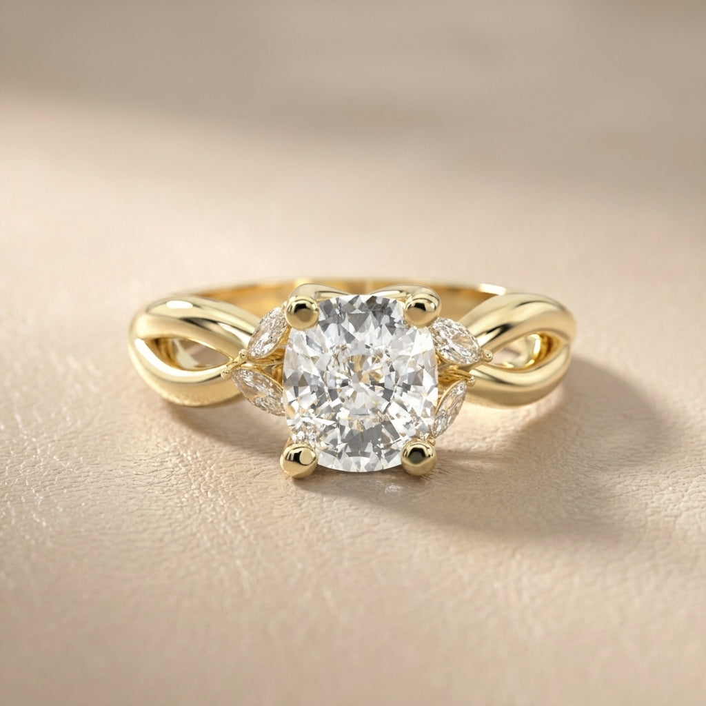 Cushion Cut Lab Grown Diamond Engagement Ring with Marquise Side Stones in Yellow Gold