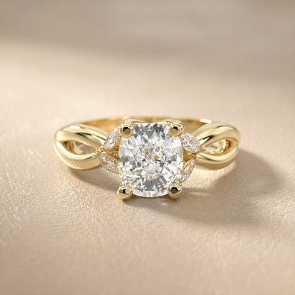 Cushion Cut Lab Grown Diamond Engagement Ring with Marquise Side Stones in Yellow Gold