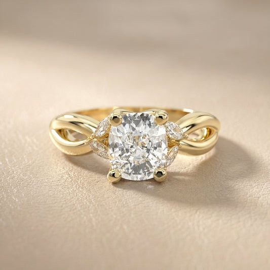 Cushion Cut Lab Grown Diamond Engagement Ring with Marquise Side Stones in Yellow Gold