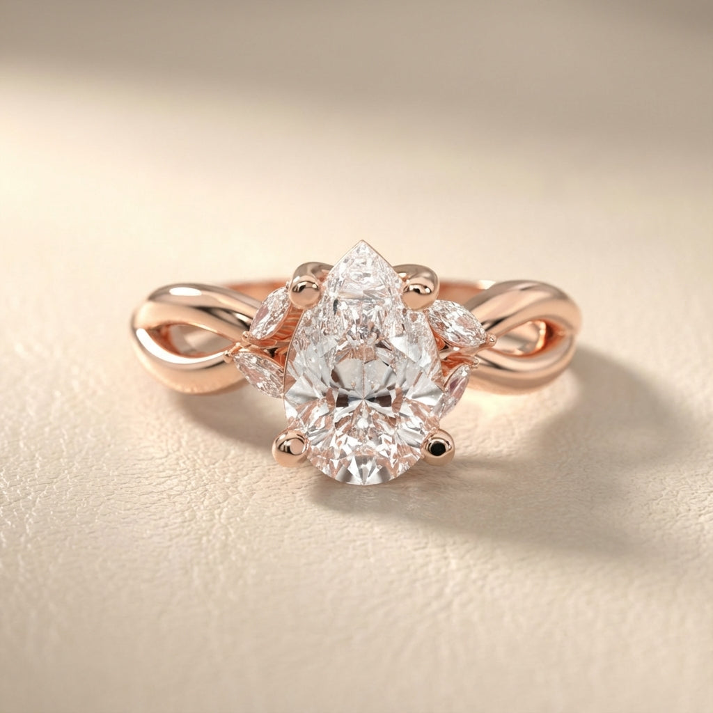 Pear Cut Lab Grown Diamond Twisted Engagement Ring in Rose Gold