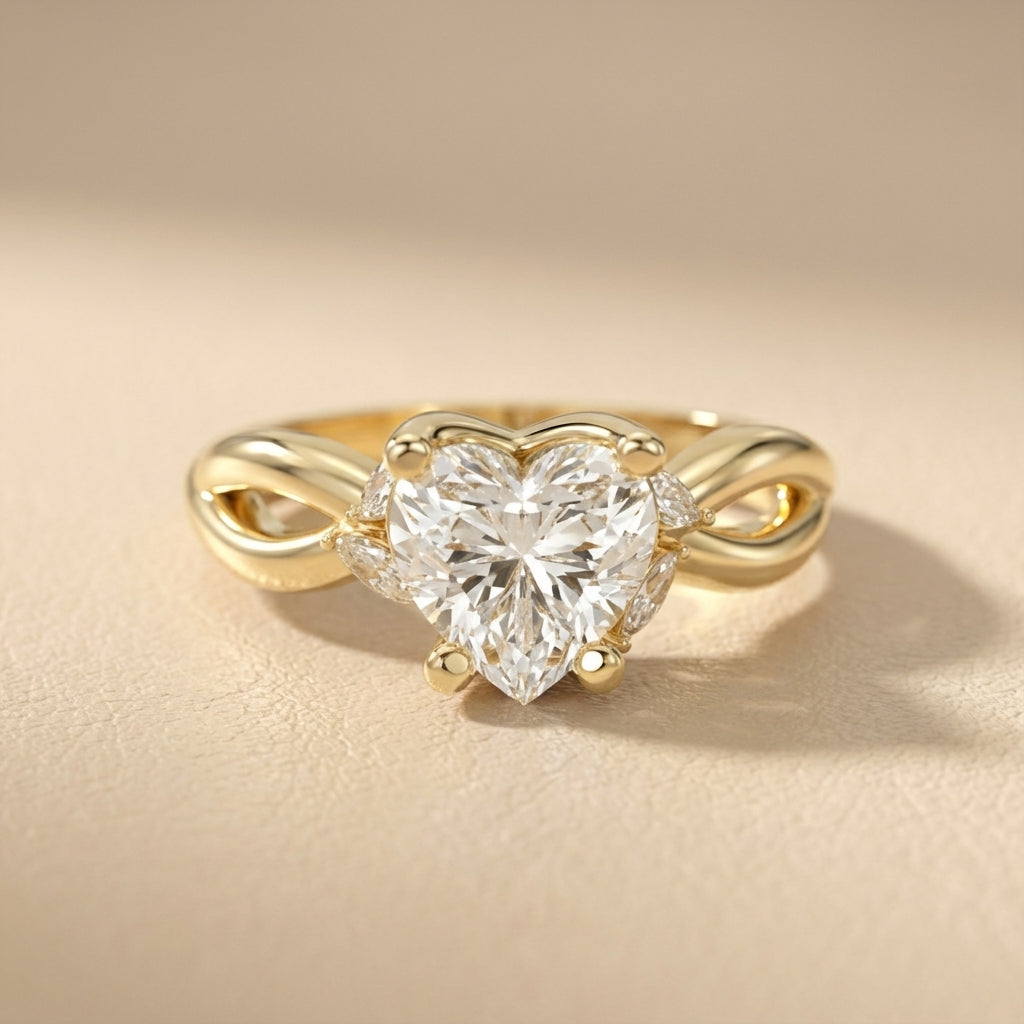 Heart Cut Lab Grown Diamond Engagement Ring with Twisted Shank in Yellow Gold