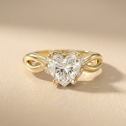 Heart Cut Lab Grown Diamond Engagement Ring with Twisted Shank in Yellow Gold