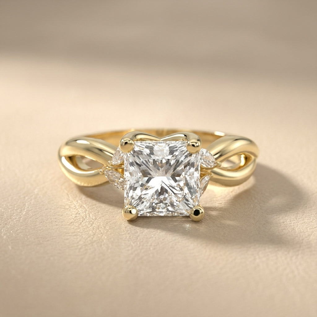 Princess Cut Lab Grown Diamond and Marquise Side Stone Engagement Ring in Yellow Gold
