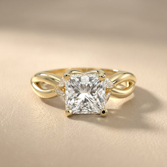 Princess Cut Lab Grown Diamond and Marquise Side Stone Engagement Ring in Yellow Gold