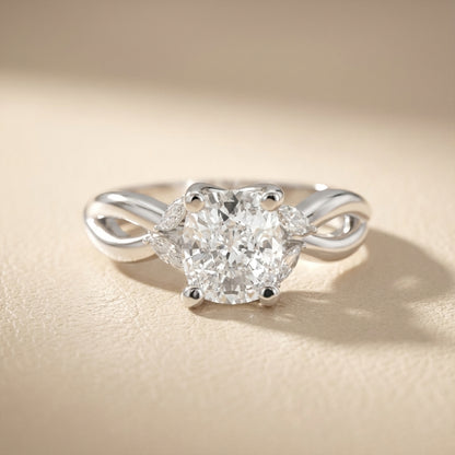 Cushion Cut Lab Grown Diamond Engagement Ring with Marquise Side Stones in Platinum