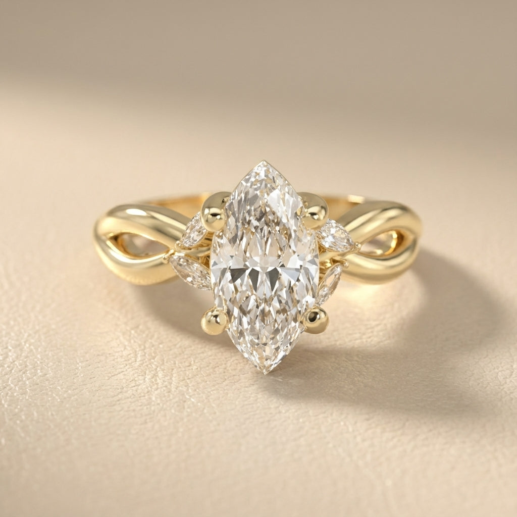 Marquise Cut Lab Grown Diamond Twisted Engagement Ring in Yellow Gold with side stones