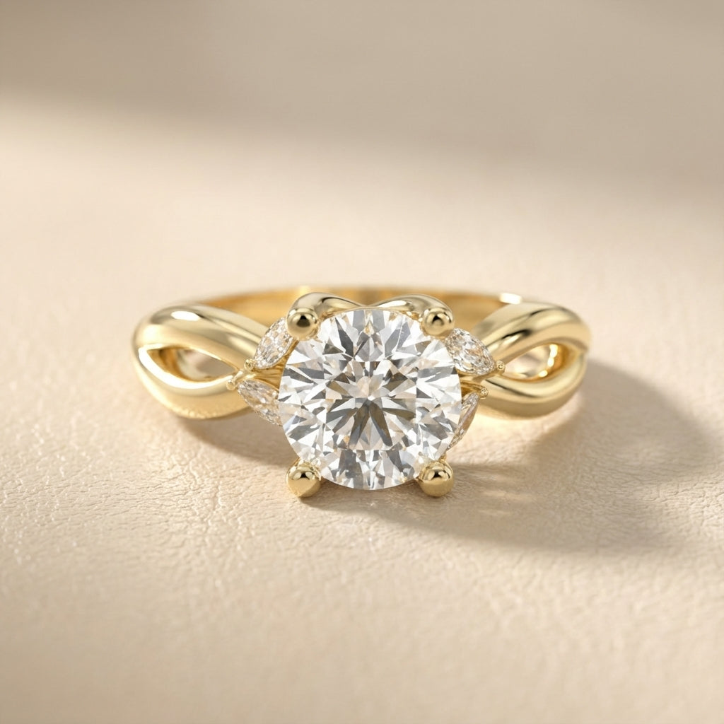 Round Cut Lab Grown Diamond Twisted Engagement Ring in Yellow Gold