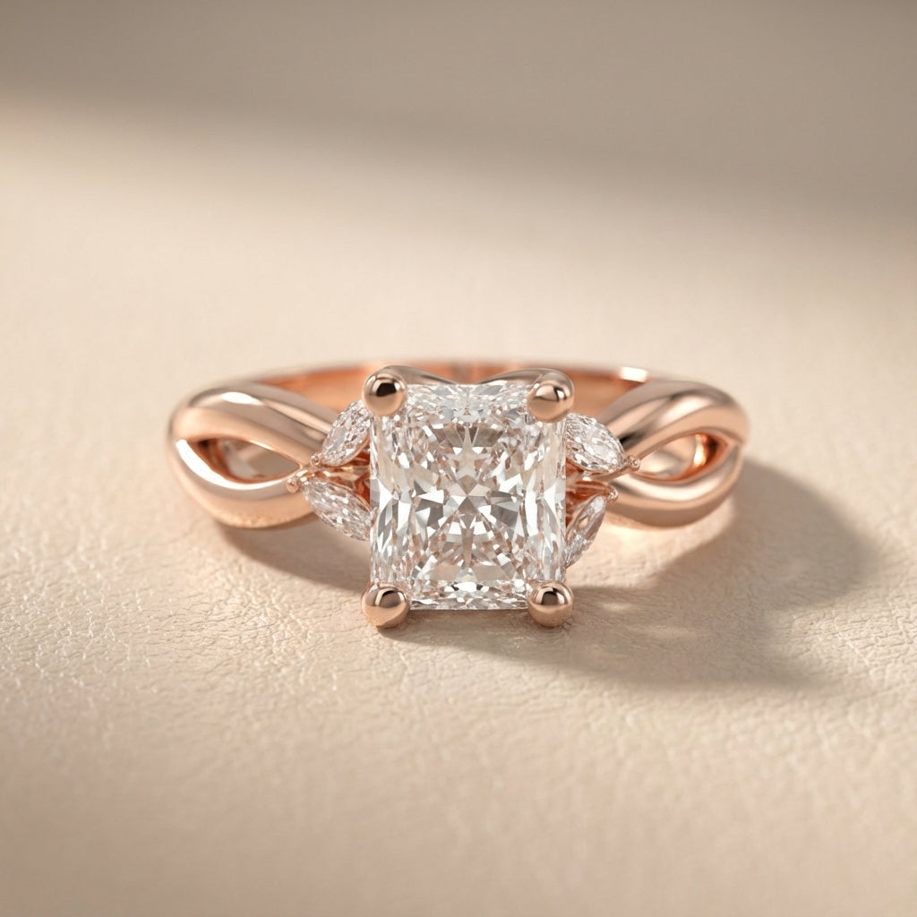 Radiant Cut Lab Grown Diamond Engagement Ring with Marquise Side Stones in Rose Gold with Twisted Band