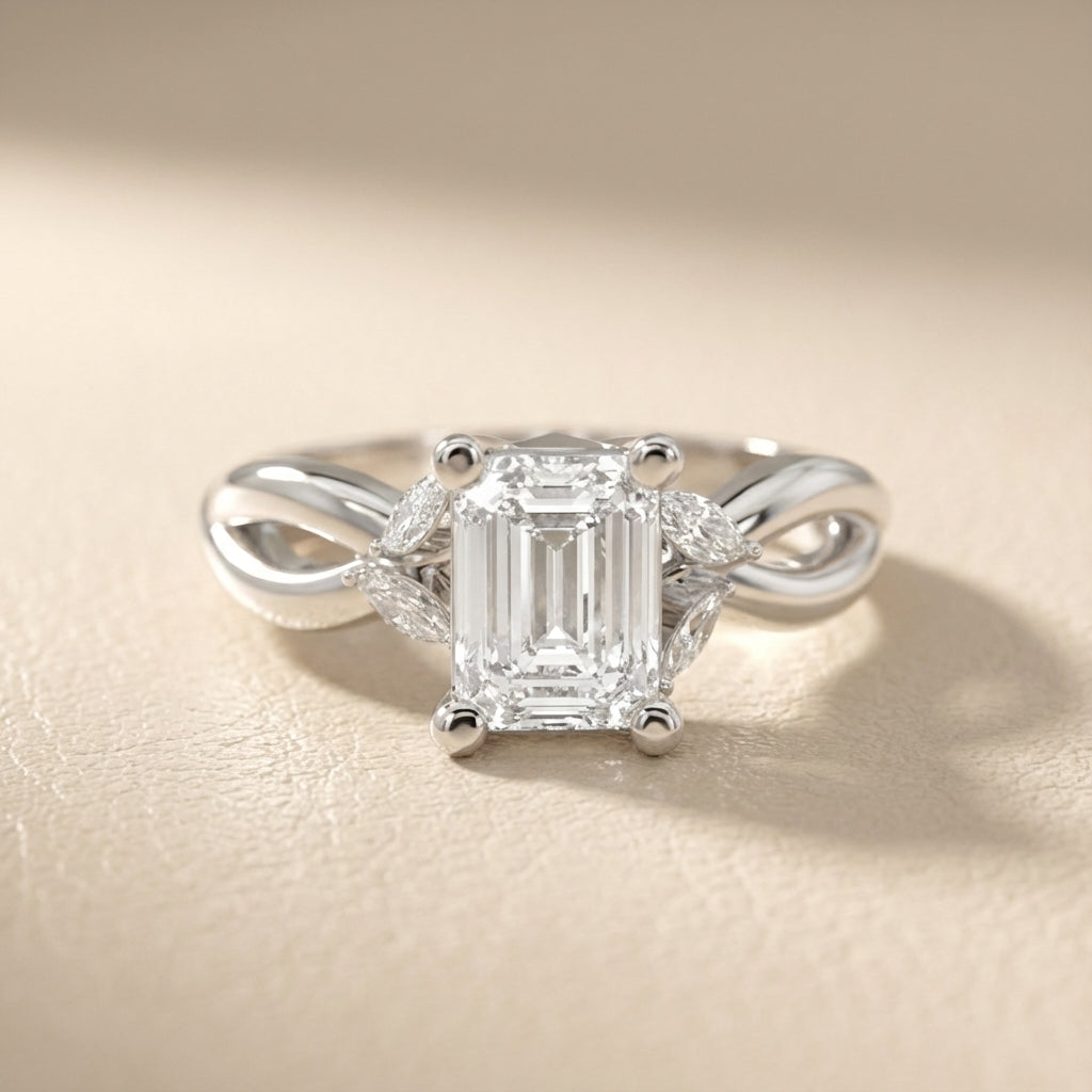 Emerald Cut Lab Grown Diamond Twisted Engagement Ring in Silver with Marquise Side Stones