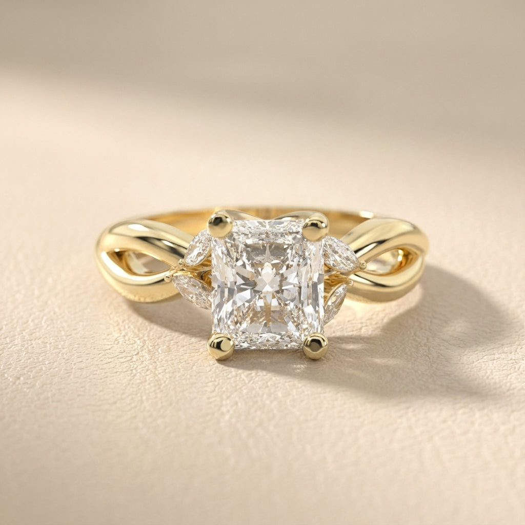 Radiant Cut Lab Grown Diamond Engagement Ring with Marquise Side Stones in Yellow Gold with Twisted Band