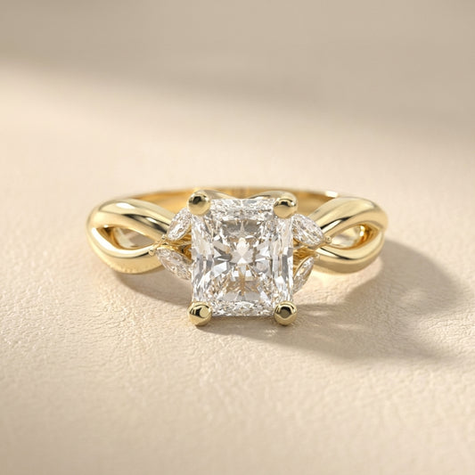 Radiant Cut Lab Grown Diamond Engagement Ring with Marquise Side Stones in Yellow Gold with Twisted Band