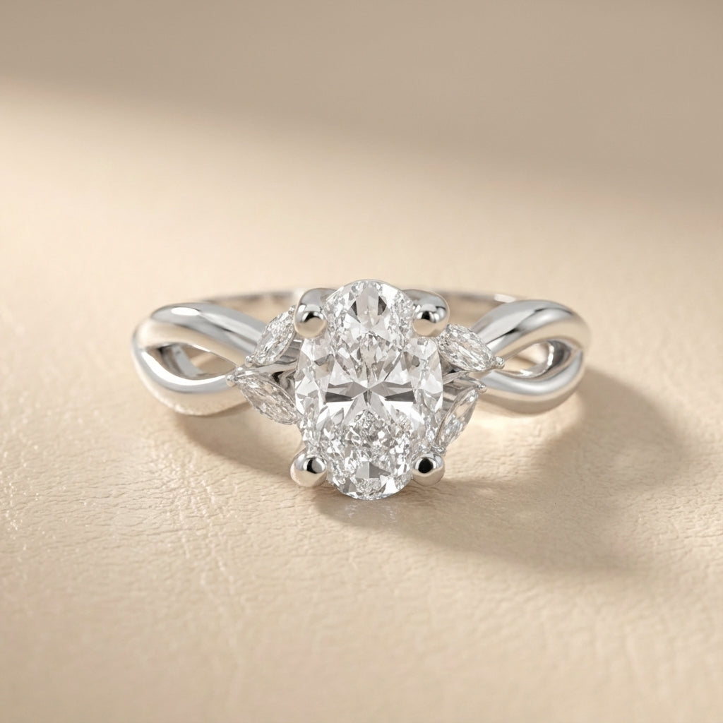 Oval Cut Lab Grown Diamond Twisted Engagement Ring in White Gold