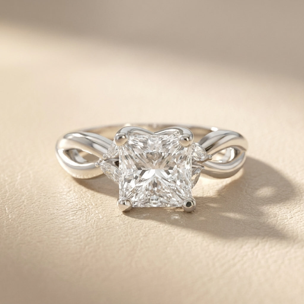 Princess Cut Lab Grown Diamond and Marquise Side Stone Engagement Ring in Platinum