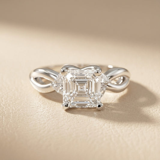 Asscher Cut Lab Grown Diamond Twisted Engagement Ring in White Gold
