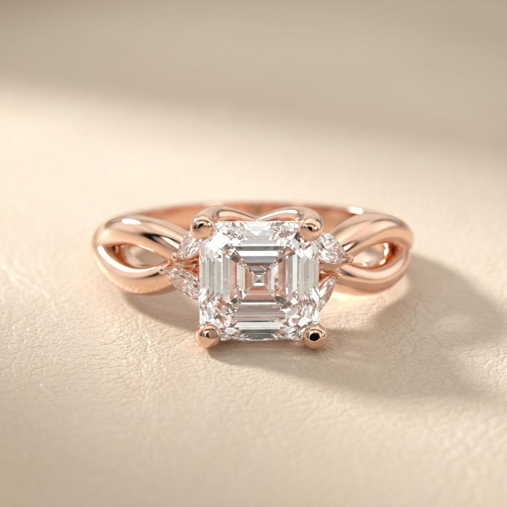 Asscher Cut Lab Grown Diamond Twisted Engagement Ring in Rose Gold