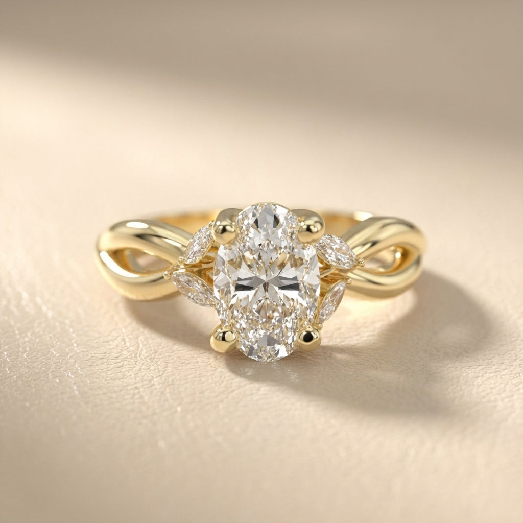 Oval Cut Lab Grown Diamond Twisted Engagement Ring in Yellow Gold