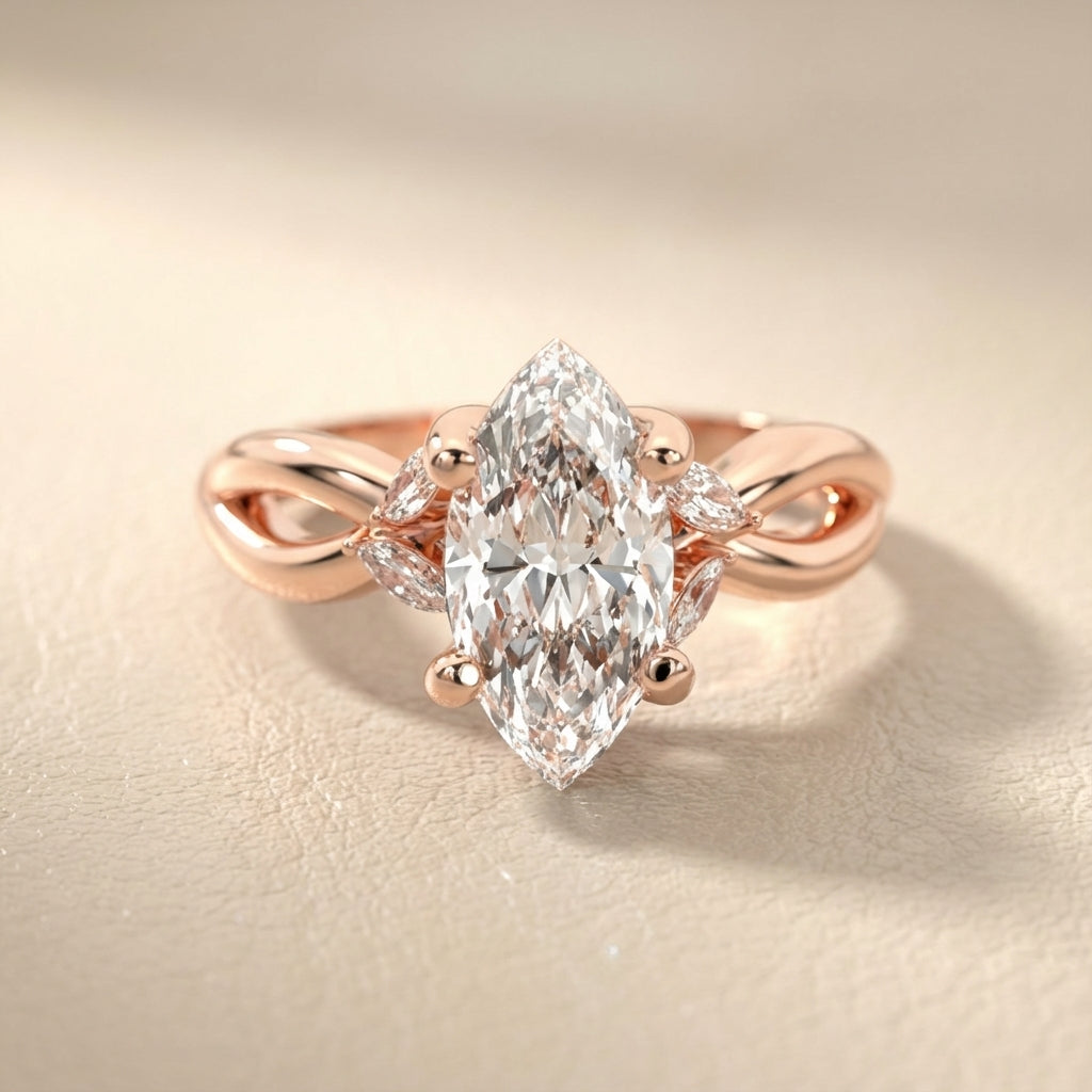 Marquise Cut Lab Grown Diamond Twisted Engagement Ring in Rose Gold with side stones