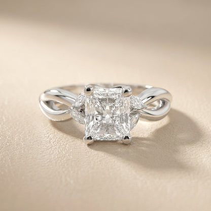 Radiant Cut Lab Grown Diamond Engagement Ring with Marquise Side Stones in Platinum with Twisted Band