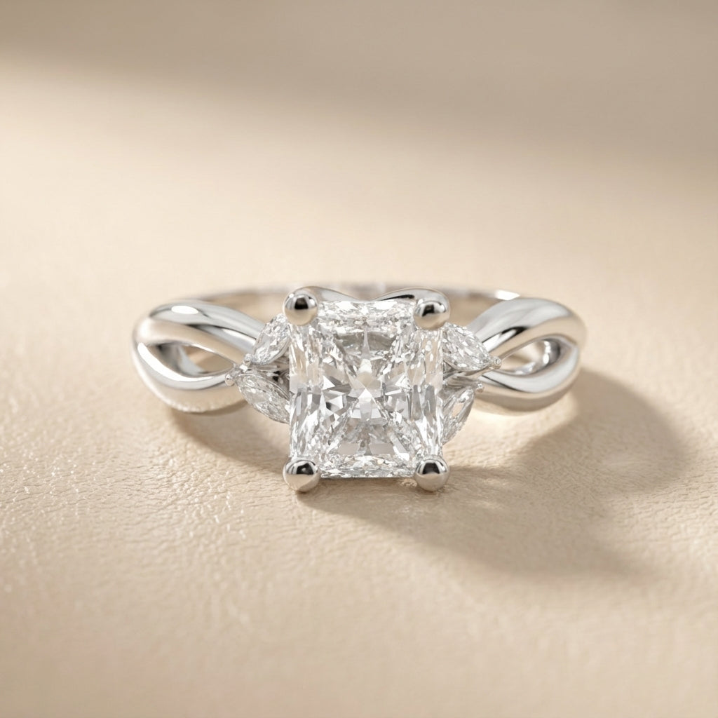 Radiant Cut Lab Grown Diamond Engagement Ring with Marquise Side Stones in White Gold with Twisted Band
