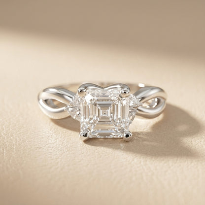 Asscher Cut Lab Grown Diamond Twisted Engagement Ring in Silver