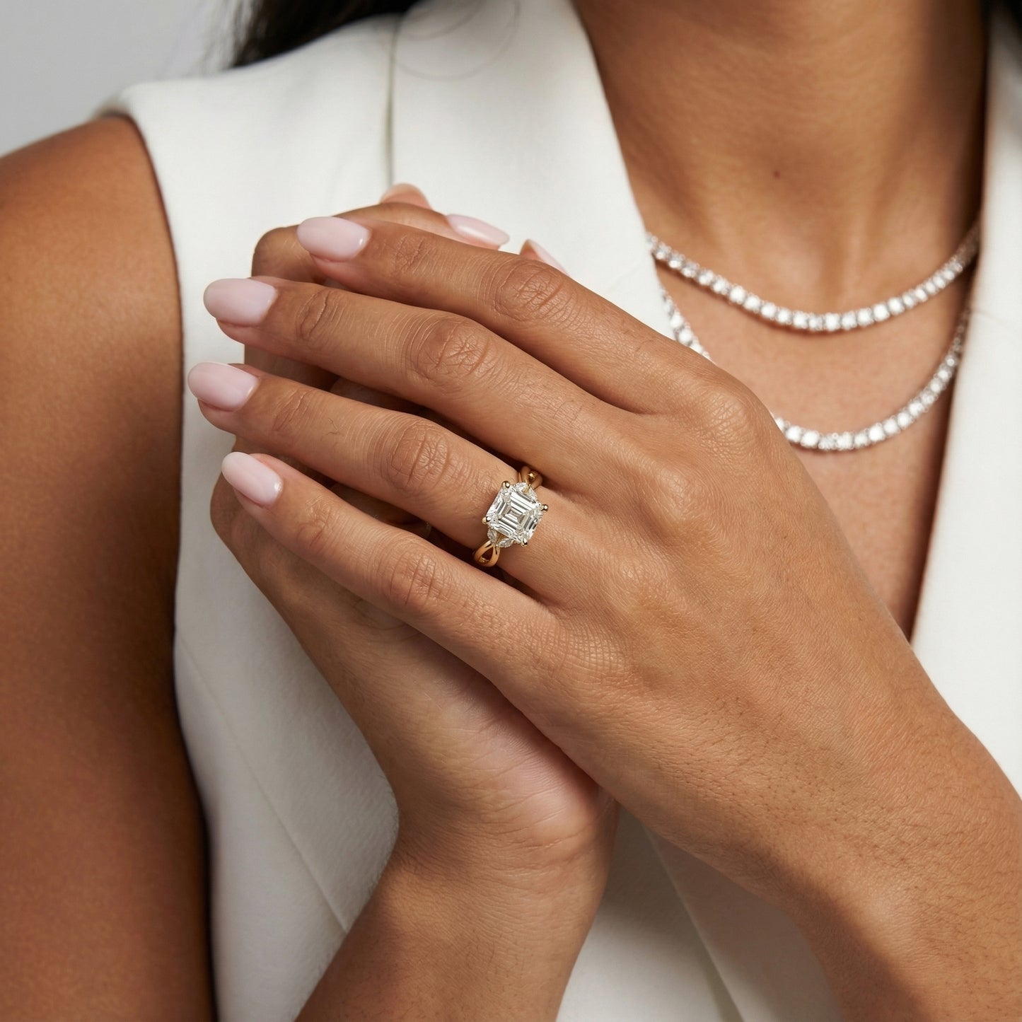 Asscher Cut Lab Grown Diamond Twisted Engagement Ring in Yellow Gold