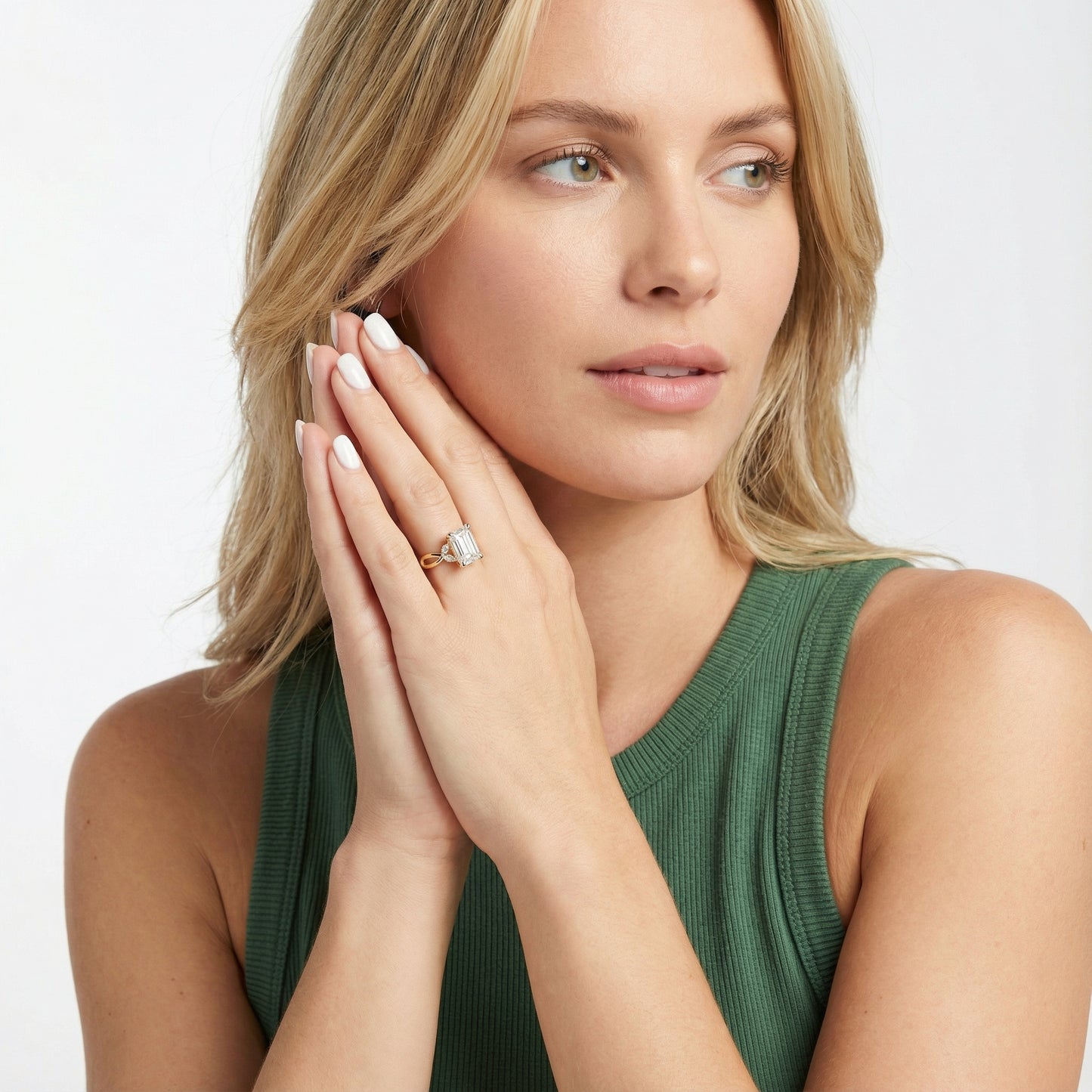 Emerald Cut Lab Grown Diamond Twisted Engagement Ring in Yellow Gold with Marquise Side Stones