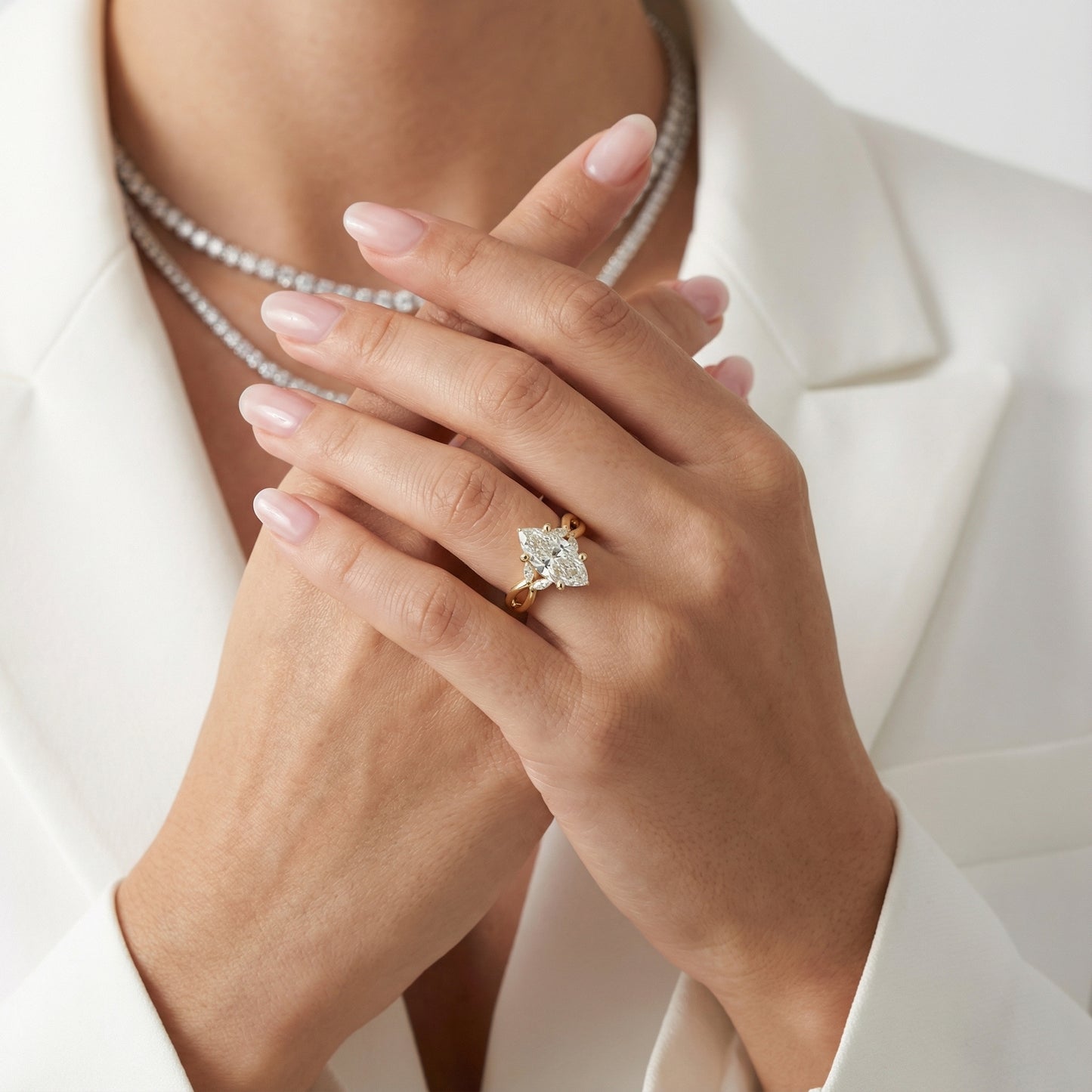 Marquise Cut Lab Grown Diamond Twisted Engagement Ring in Yellow Gold with side stones