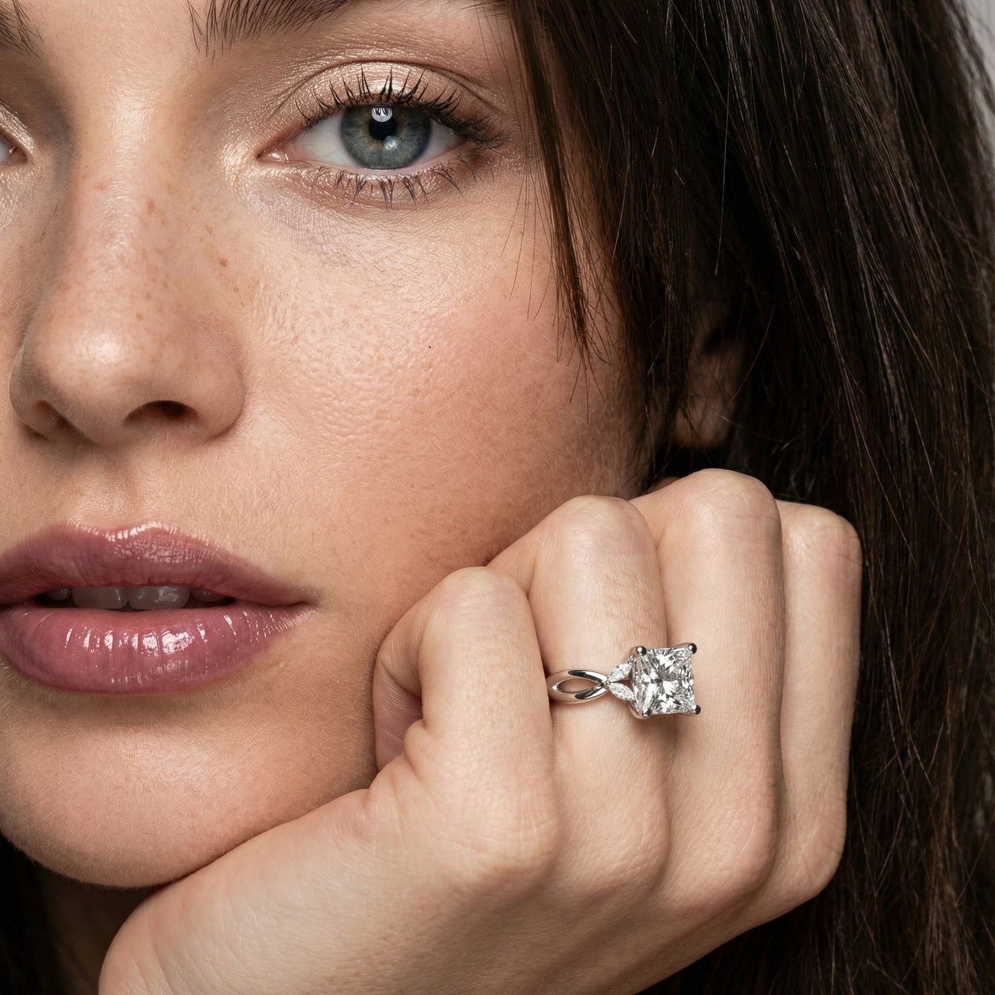 Princess Cut Lab Grown Diamond and Marquise Side Stone Engagement Ring in Silver