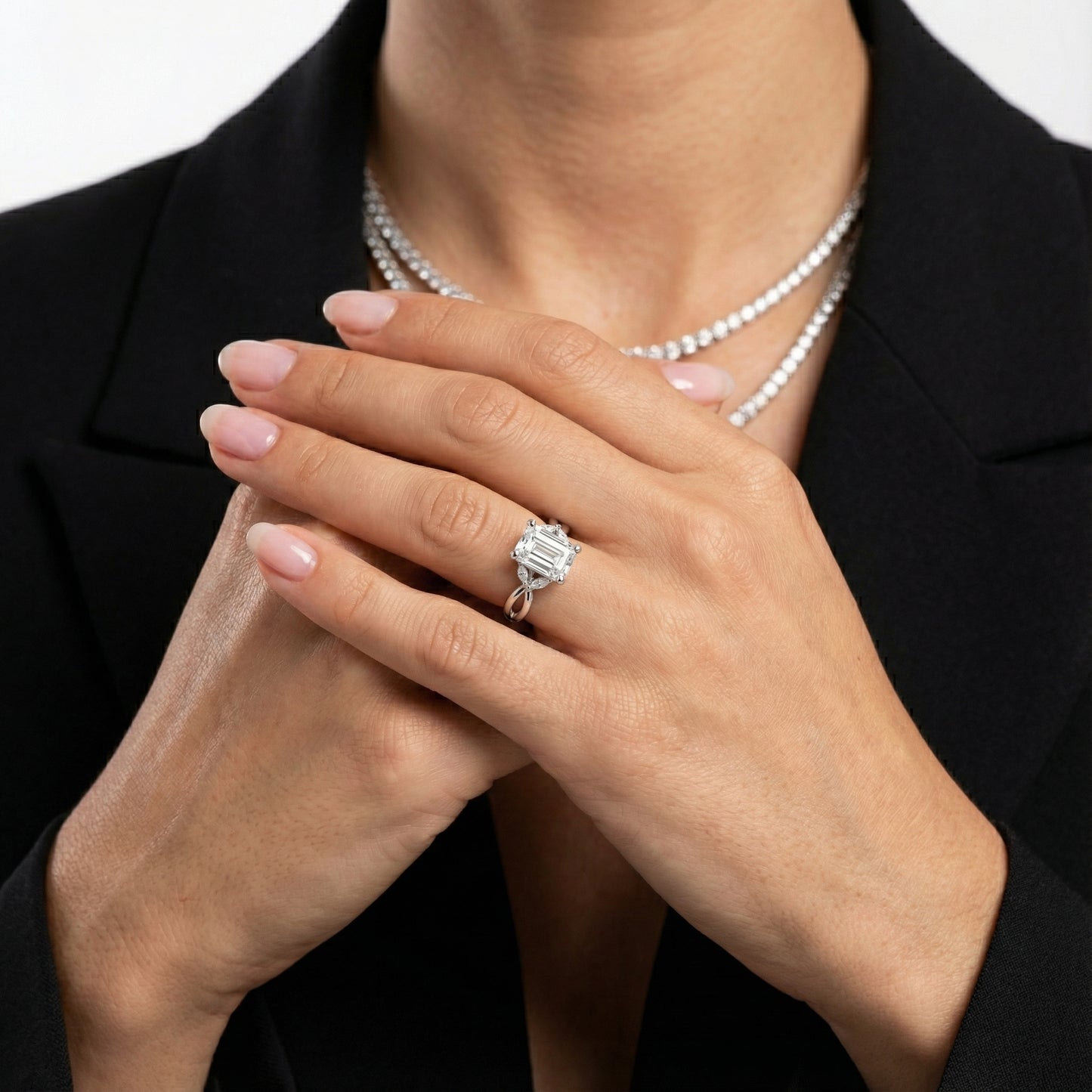 Emerald Cut Lab Grown Diamond Twisted Engagement Ring in Silver with Marquise Side Stones