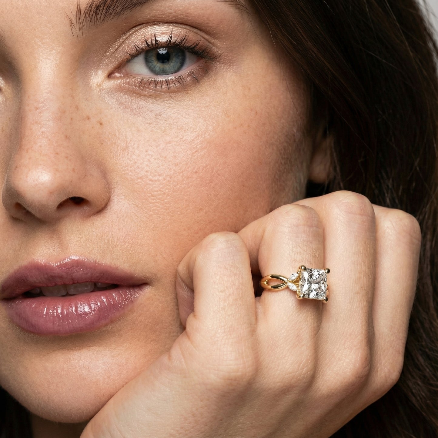 Princess Cut Lab Grown Diamond and Marquise Side Stone Engagement Ring in Yellow Gold