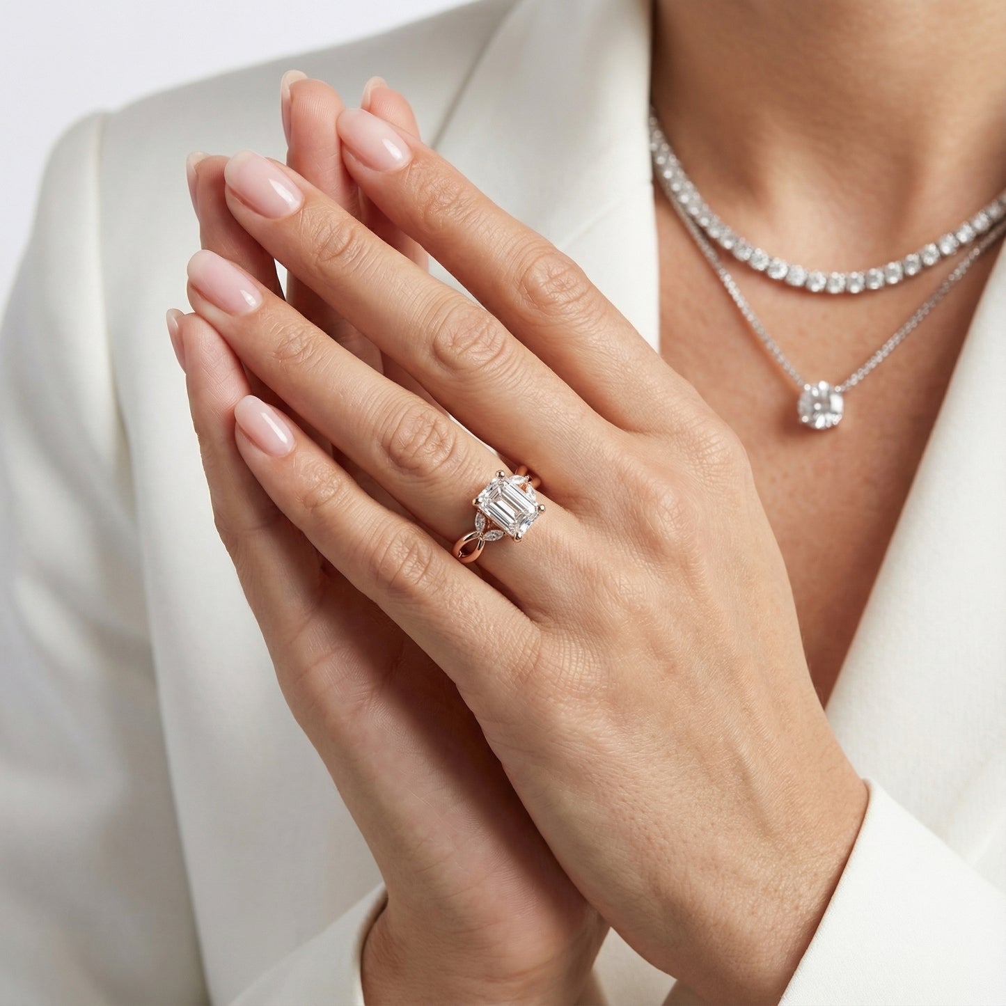 Emerald Cut Lab Grown Diamond Twisted Engagement Ring in Rose Gold with Marquise Side Stones