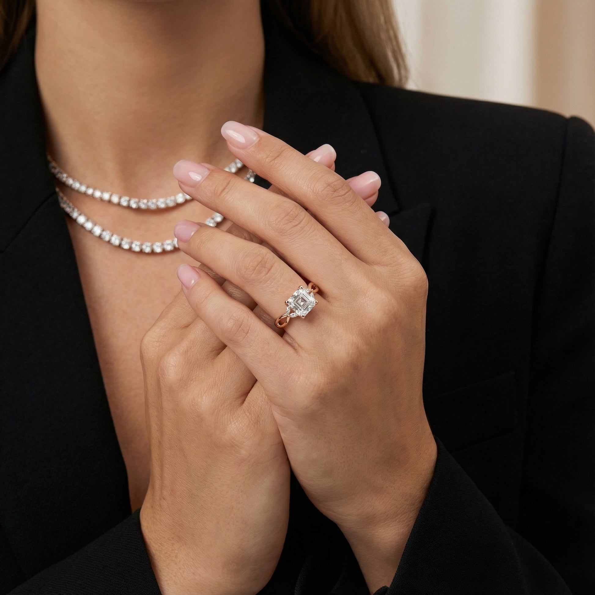 Asscher Cut Lab Grown Diamond Twisted Engagement Ring in Rose Gold