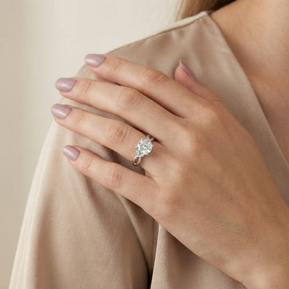 Cushion Cut Lab Grown Diamond Engagement Ring with Marquise Side Stones in Silver