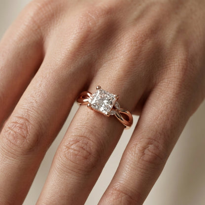 Princess Cut Lab Grown Diamond and Marquise Side Stone Engagement Ring in Rose Gold setting