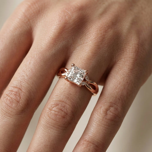 Princess Cut Lab Grown Diamond and Marquise Side Stone Engagement Ring in Rose Gold setting