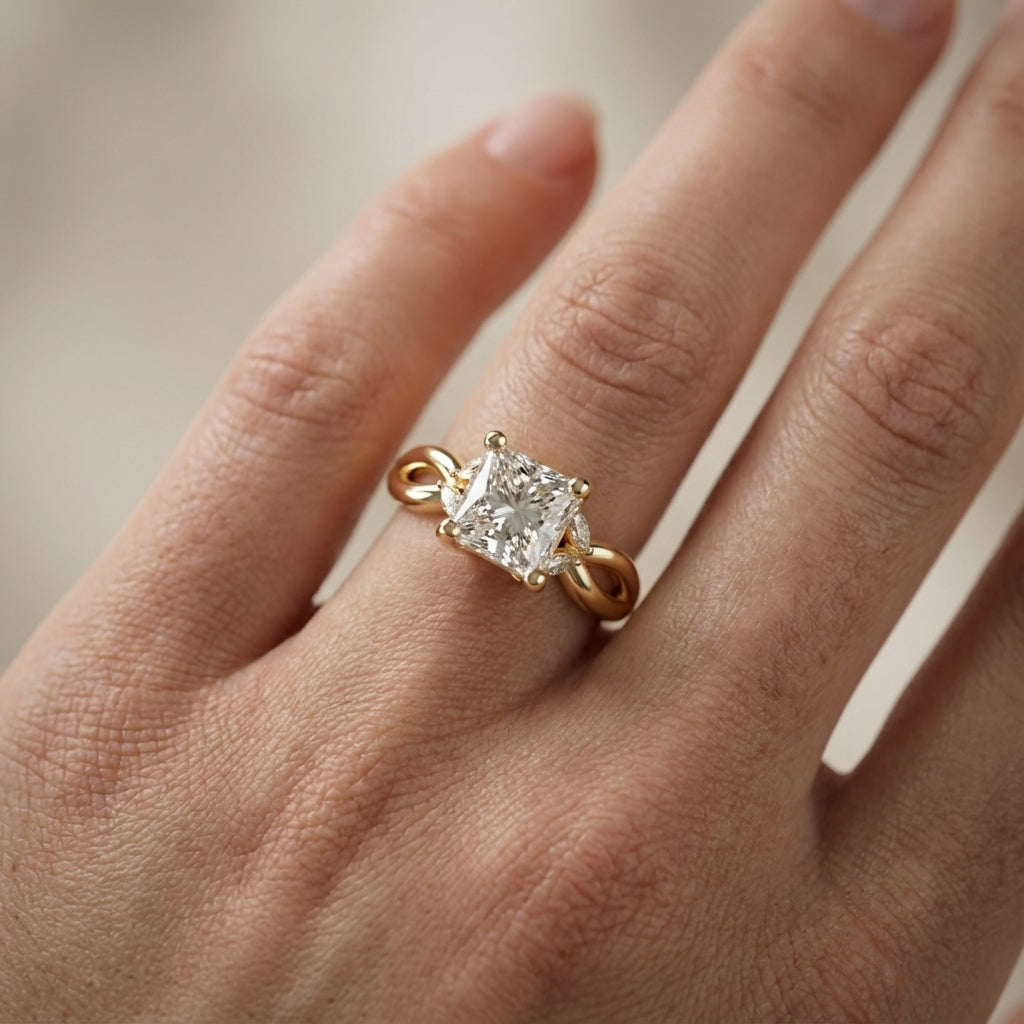 Princess Cut Lab Grown Diamond and Marquise Side Stone Engagement Ring in Yellow Gold